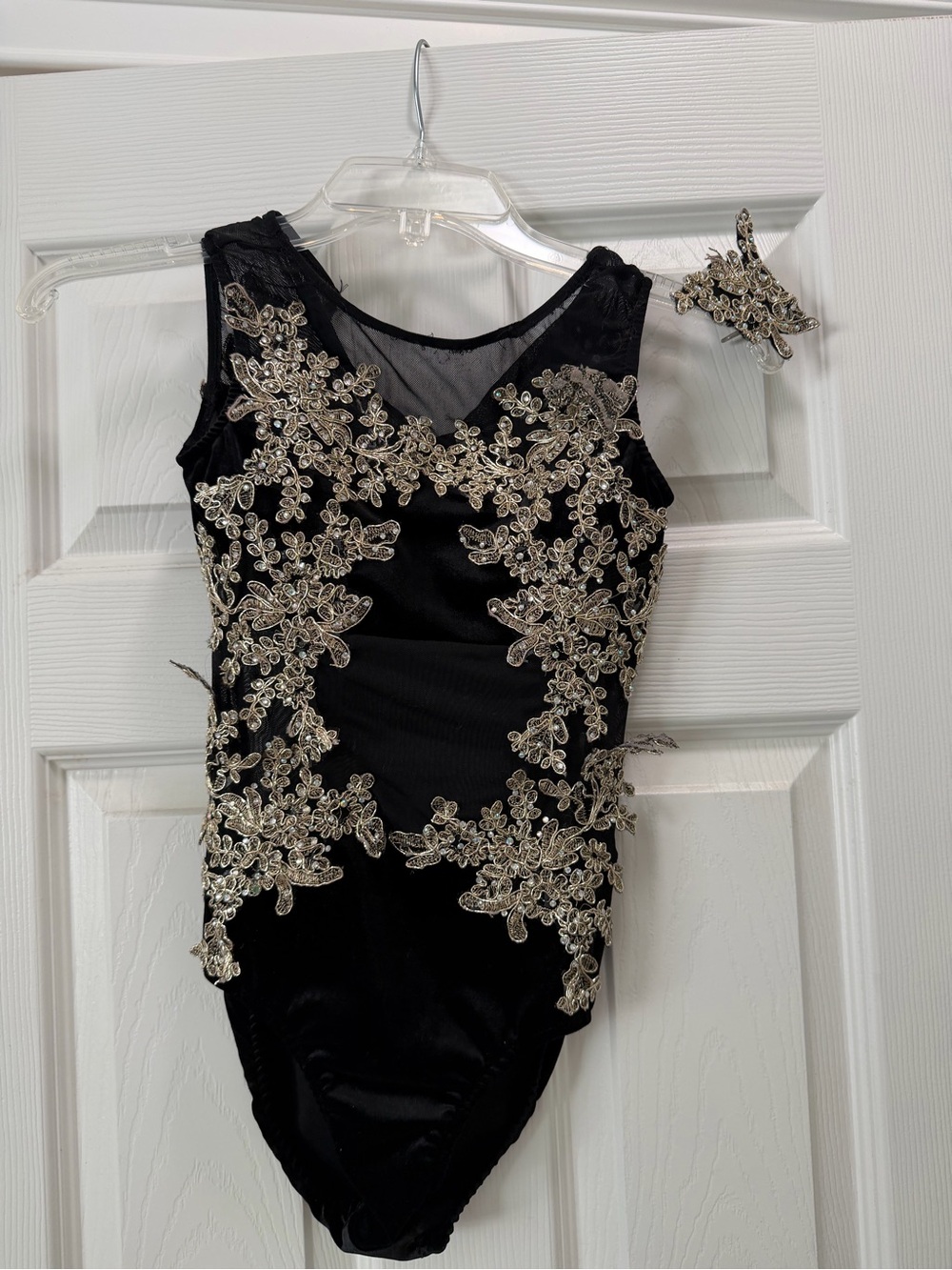 Glamour Black Dance Leotard with Gold Lace Appliqué